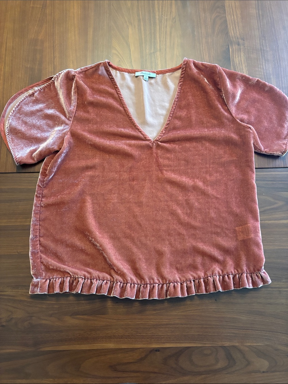 Madewell Velvet V-Neck Ruffle Hem Top - Rust